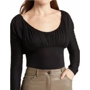 Elodie Ruched Long Sleeve Bodysuit in Black Size S Going Out Top Minimalist